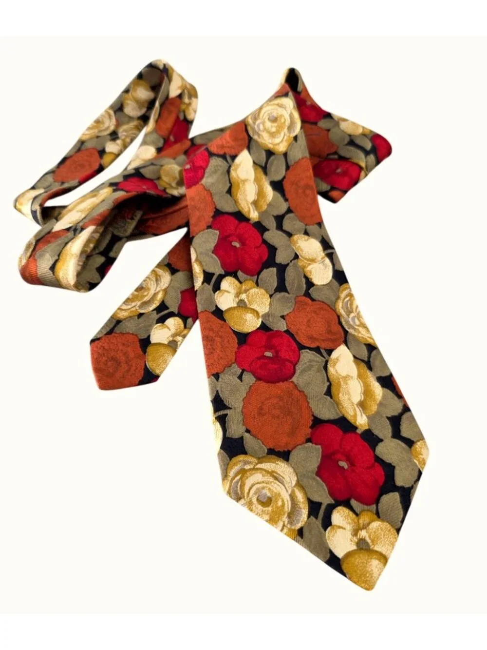 Fumagallis 90s Silk Tie Made Italy Floral Necktie Red Olive Rust Black 3.5 x 58